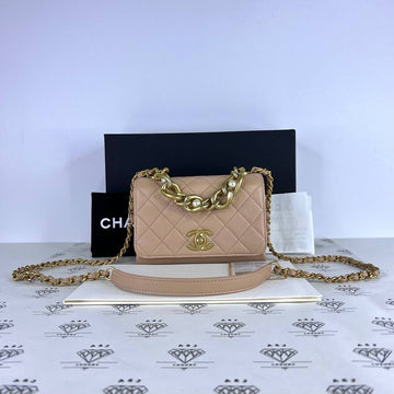[PRE LOVED] Chanel Seasonal Flap with Pearl Handle in Beige Lambskin Leather Aged Gold HW (microchipped)