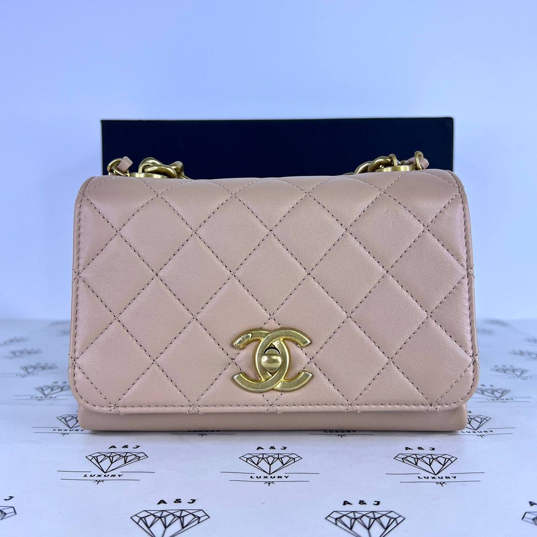 [PRE LOVED] Chanel Seasonal Flap with Pearl Handle in Beige Lambskin Leather Aged Gold HW (microchipped)