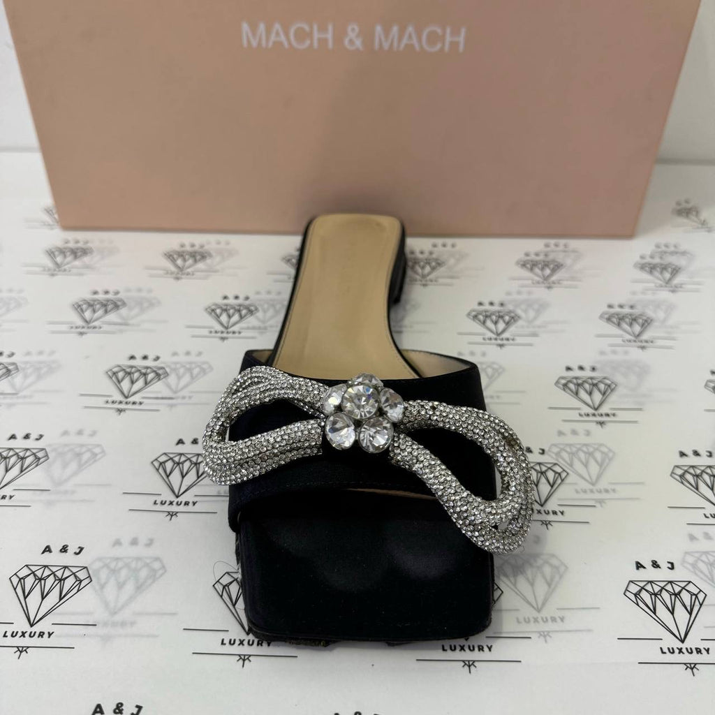 [PRE LOVED] Mach & Mach Crystal Embellished Double Bow Mules in Black Size 37EU