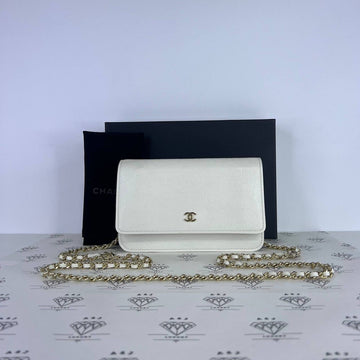[PRE LOVED] Chanel Camellia Wallet on Chain in White Caviar Leather Light Gold HW (microchipped)