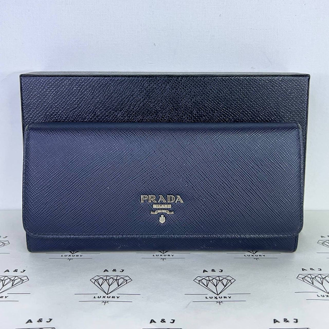 [PRE LOVED] Prada Continental Saffiano Flap Wallet in Blue SHW