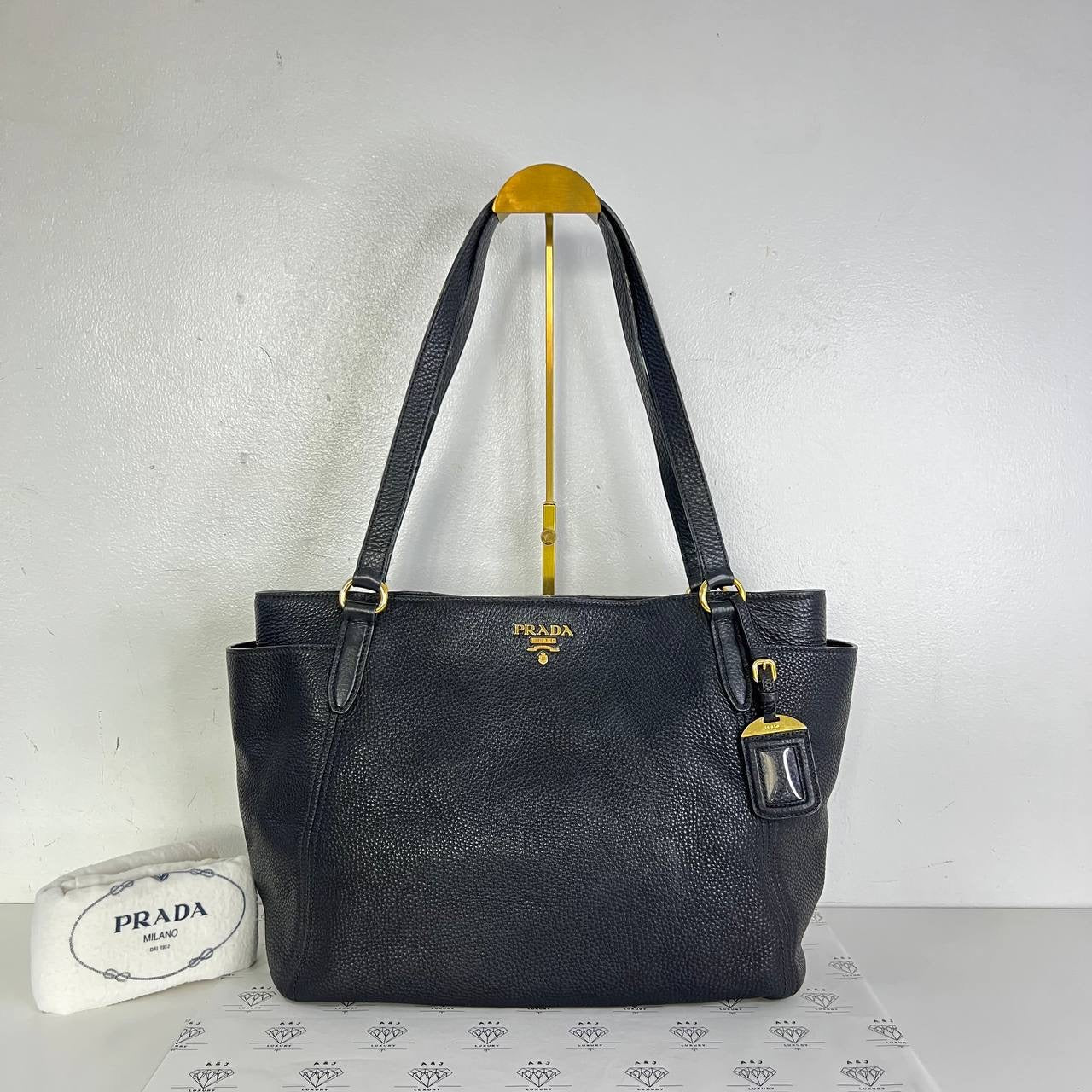 [PRE LOVED] Prada Side Pocket Tote in Black Vitello Daino Leather GHW