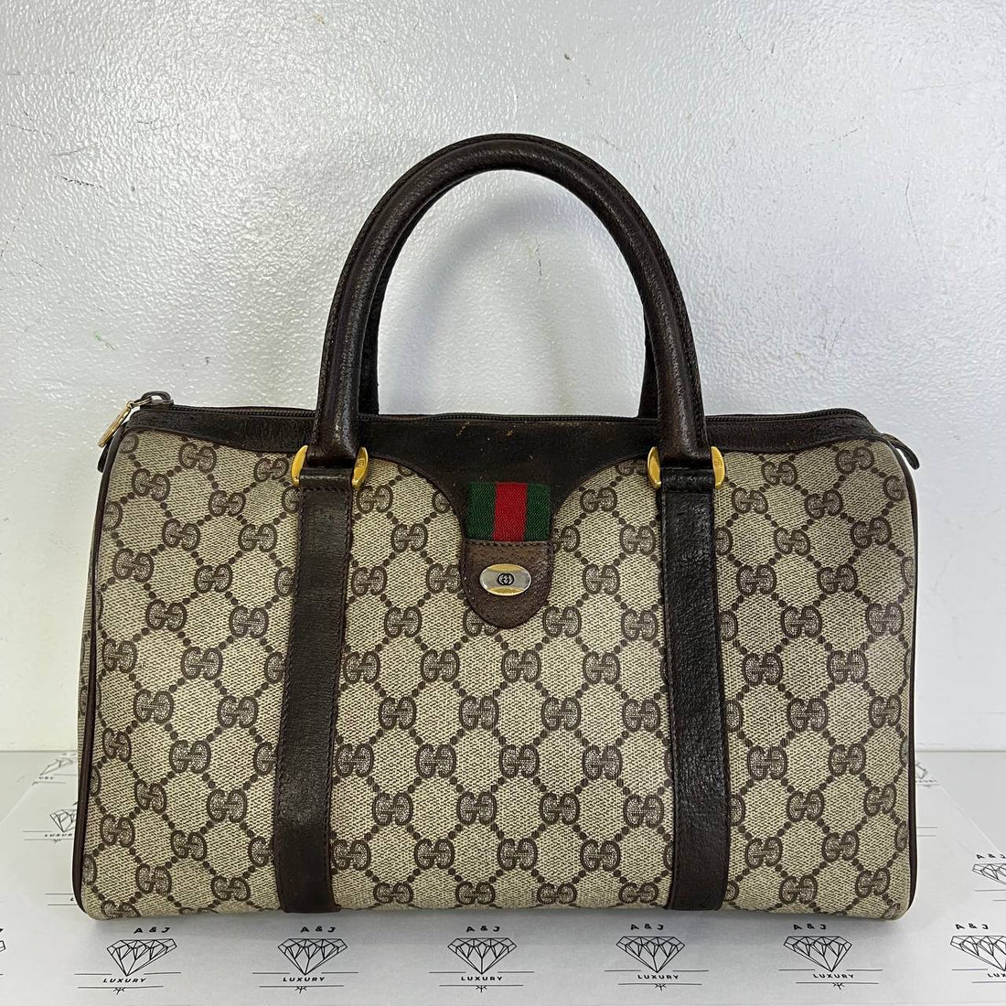[PRE LOVED] Gucci Supreme Web Boston Bag in Brown PVC