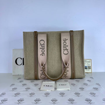 [PRE LOVED] Chloe Medium Woody Tote in Beige with Pink Leather trims