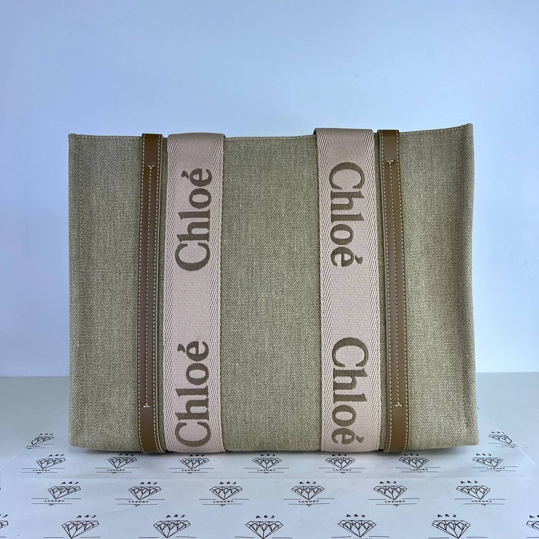 [PRE LOVED] Chloe Medium Woody Tote in Beige with Pink Leather trims