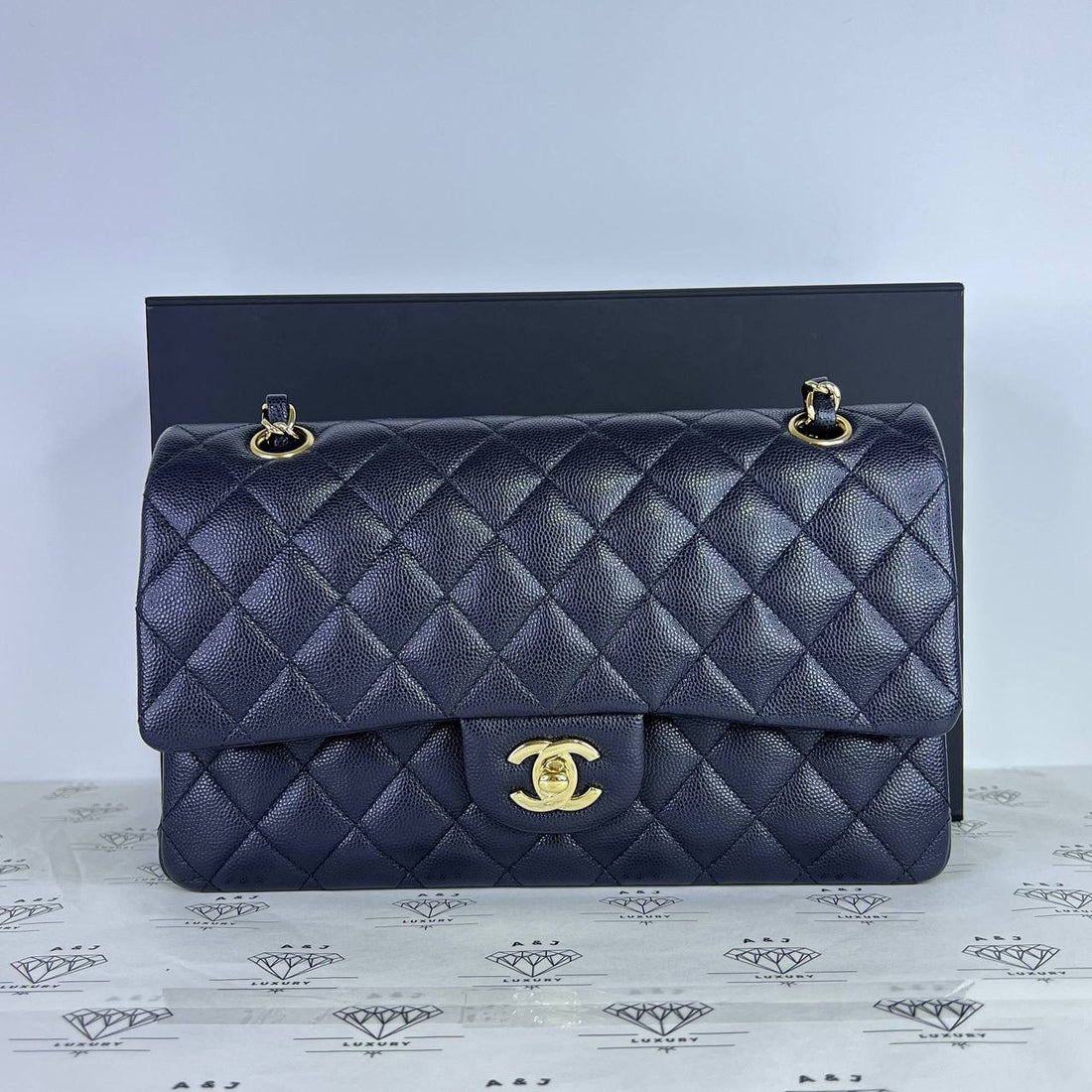 [PRE LOVED] Chanel Classic Medium Double Flap in Navy Blue Caviar Leather Light Gold HW (Series 30)