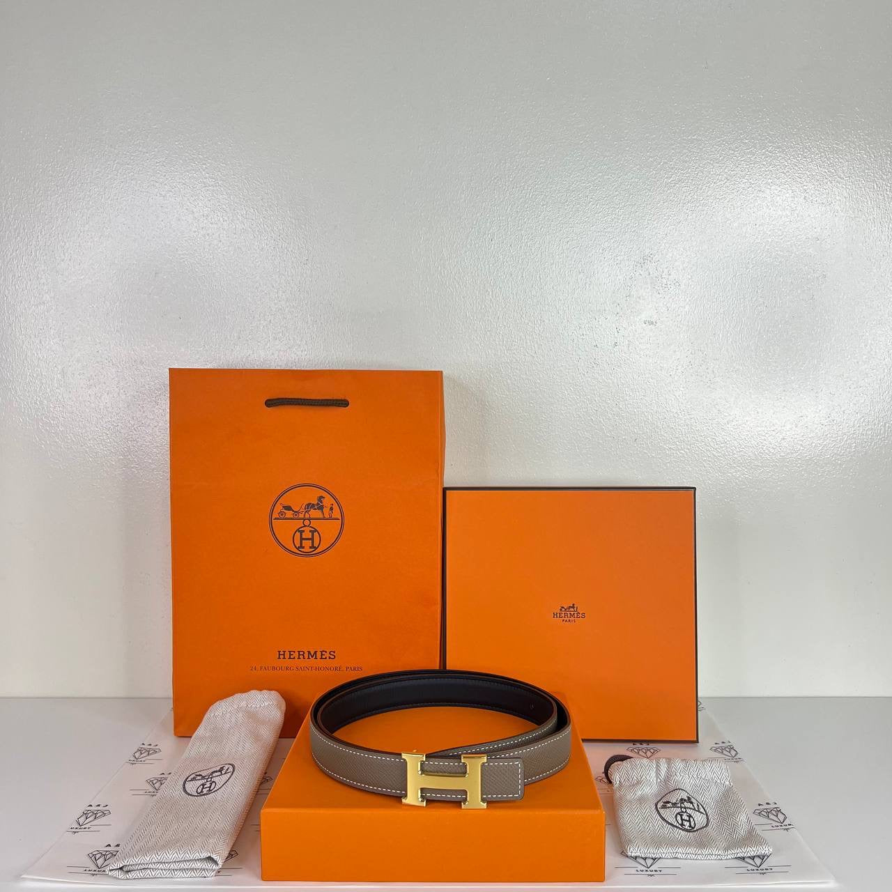 [PRE LOVED] Hermes Constance Reversible Belt in Etoupe/Noir Epsom/Swift Leather GHW Size 90 (Stamp K - 2025)