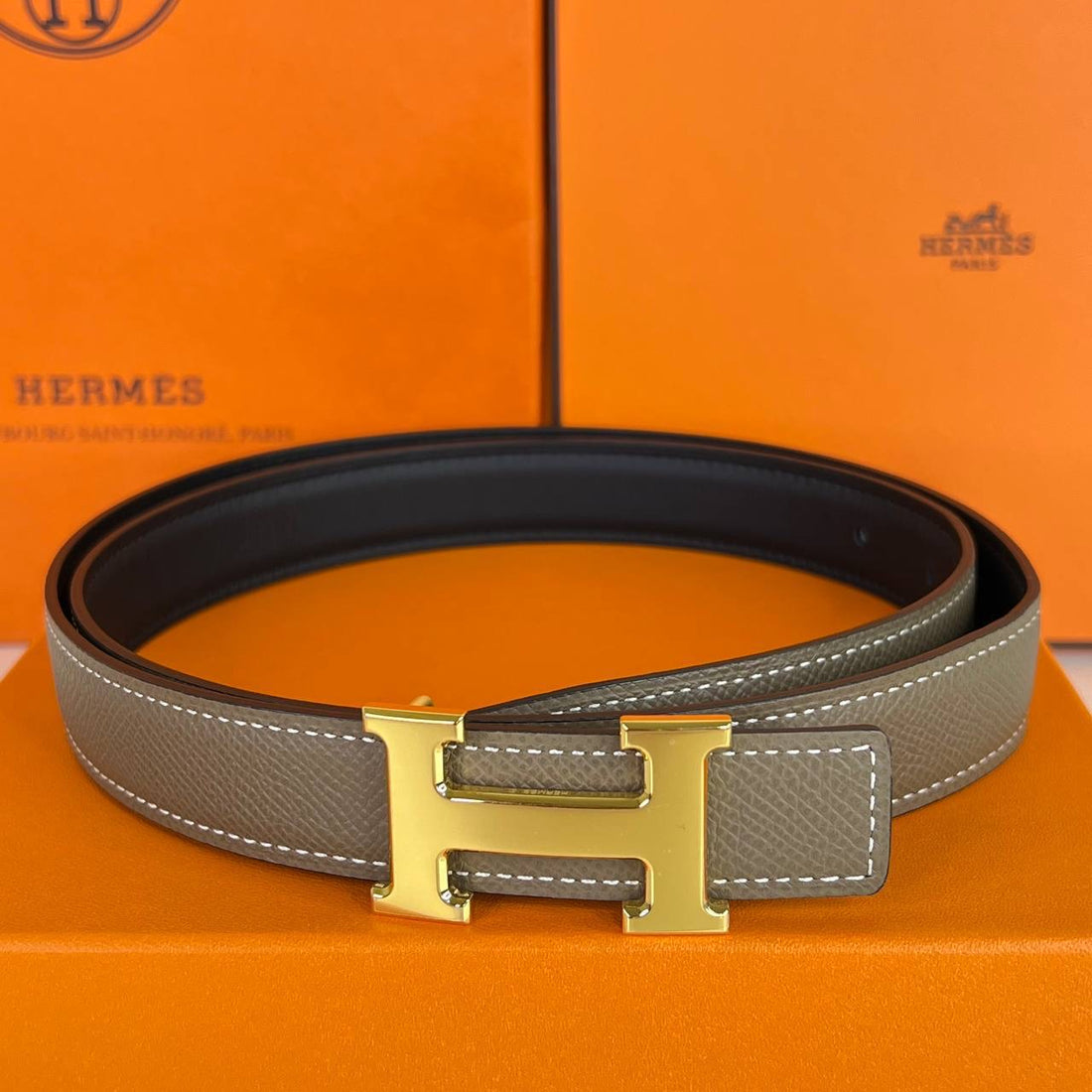[PRE LOVED] Hermes Constance Reversible Belt in Etoupe/Noir Epsom/Swift Leather GHW Size 90 (Stamp K - 2025)