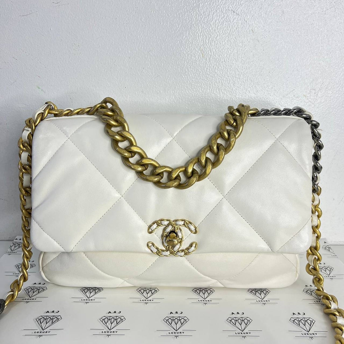 [PRE LOVED] Chanel Medium C19 in White Lambskin Leather Gold/Silver/Ruthenium HW (microchipped)