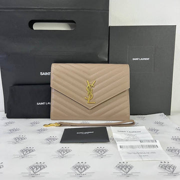 [PRE LOVED] YSL Envelope Pouch in Dark Beige Matelasse Leather GHW