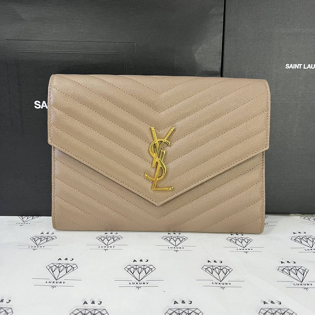 [PRE LOVED] YSL Envelope Pouch in Dark Beige Matelasse Leather GHW