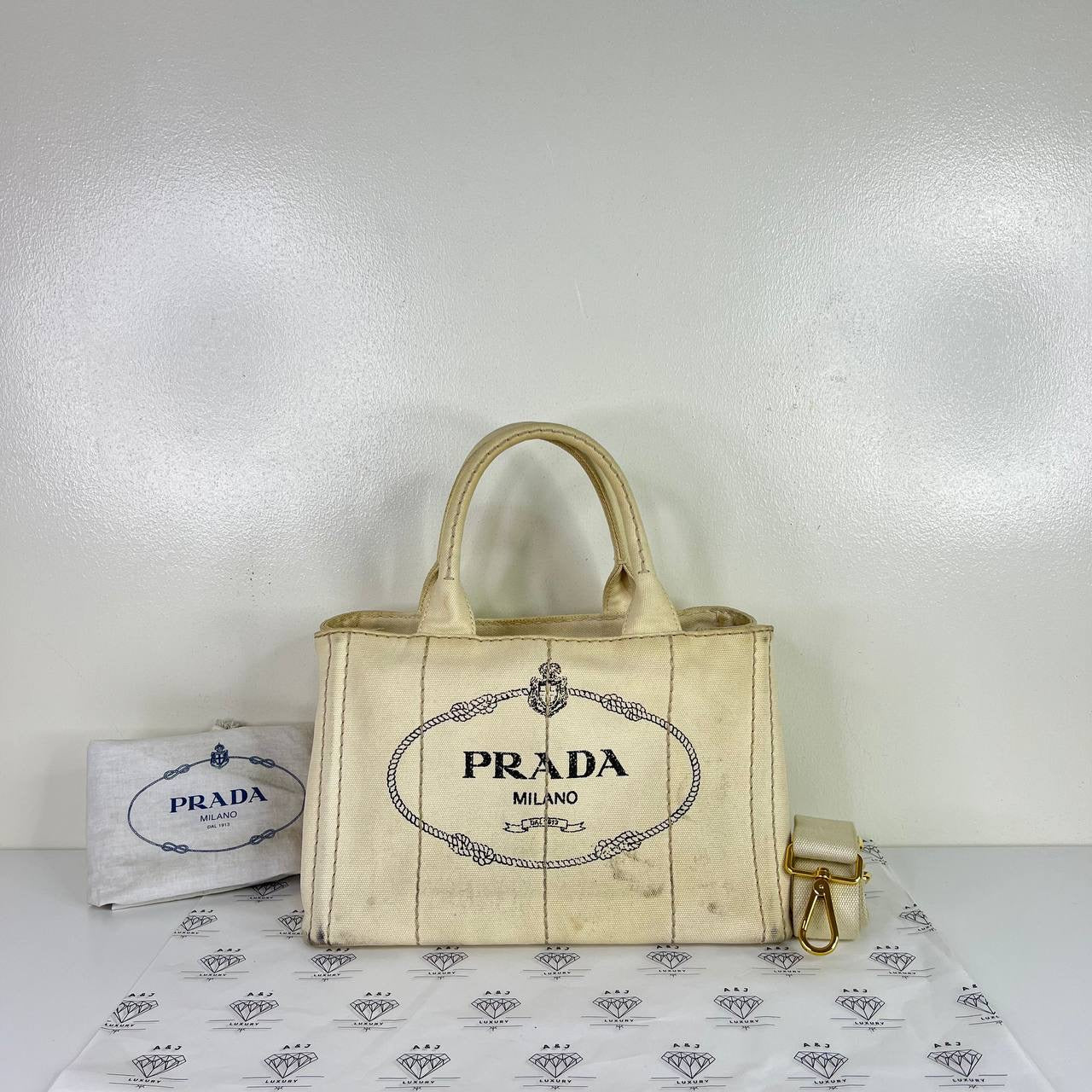[PRE LOVED] Prada Small Canapa in White GHW