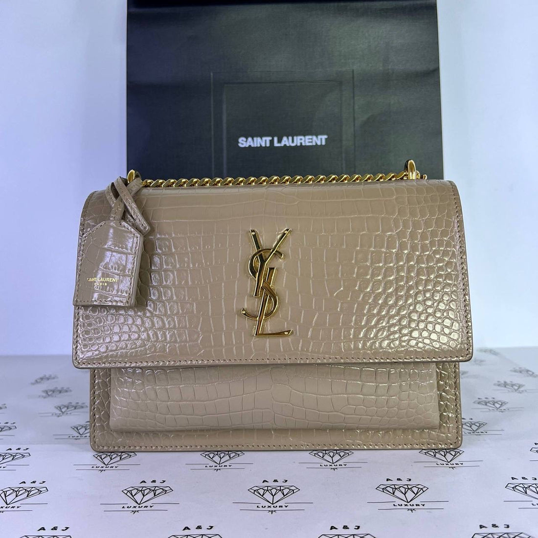 [PRE LOVED] YSL Medium Sunset in Beige Croc Embossed Leather GHW