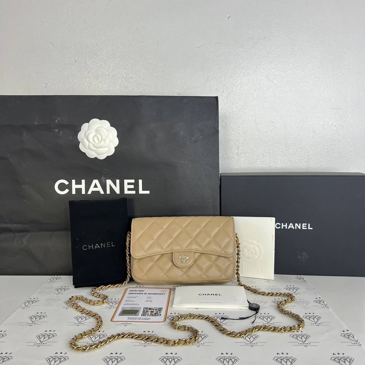 [PRE LOVED] Chanel Phone Holder Flap Bag in Dark Beige Caviar GHW (microchipped)