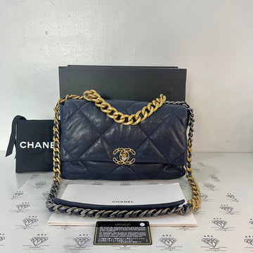 [PRE LOVED] Chanel C19 Medium in Navy Blue Lambskin Leather Gold/Ruthenium/Silver HW (Series 29)