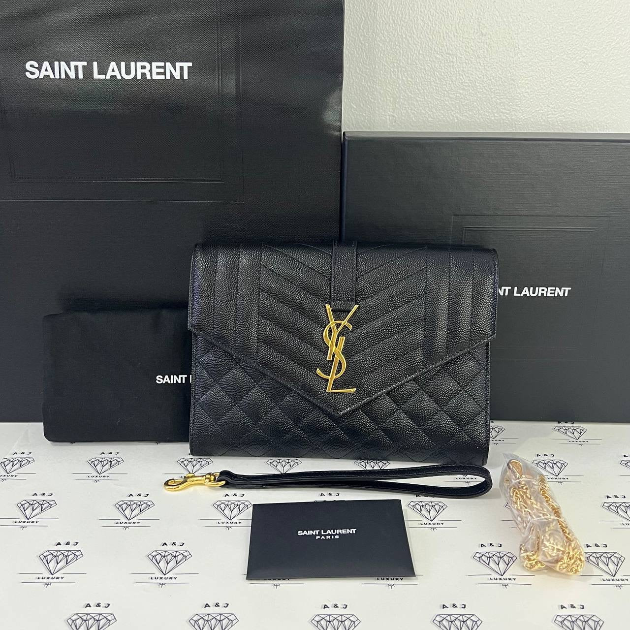 [BRAND NEW] Yves Saint Laurent Envelope Pouch in Black Mix Matelasse Poudre GHW