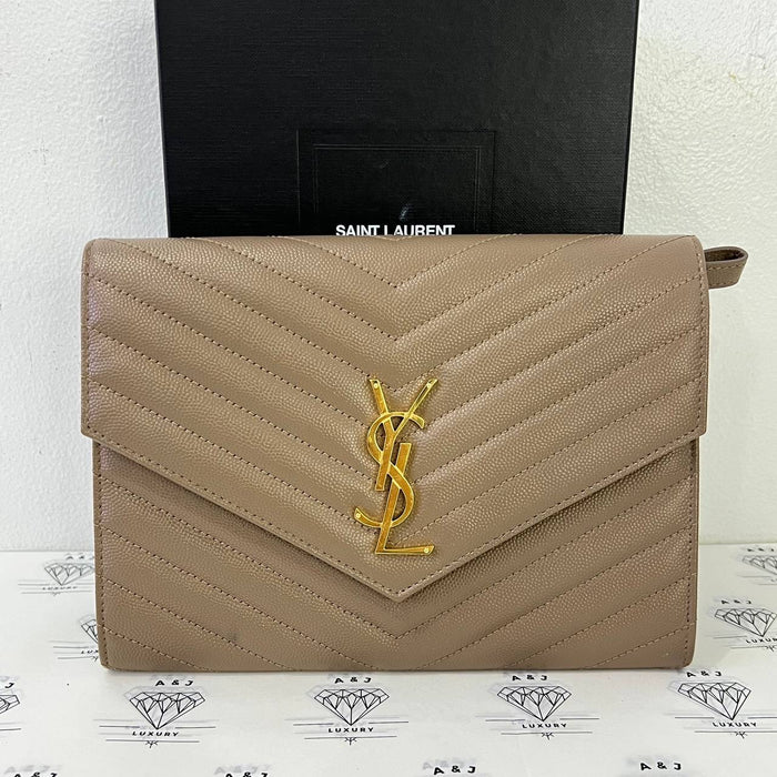 [PRE LOVED] YSL Envelope Pouch in Dark Beige Matelasse Leather GHW