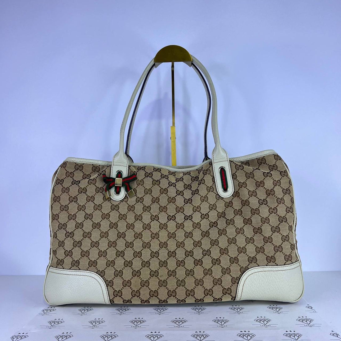 [PRE LOVED] Gucci Web Princy Tote Bag in Brown with White leather trims