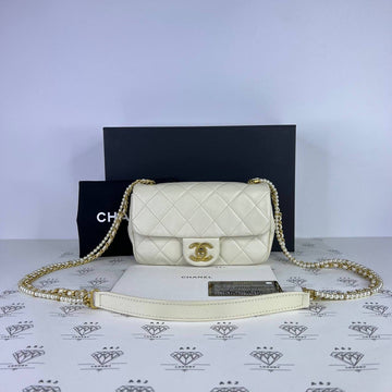 [PRE LOVED] Chanel Mini Flap Bag with Pearl Strap in White Lambskin Leather Aged Gold HW (Series 30)