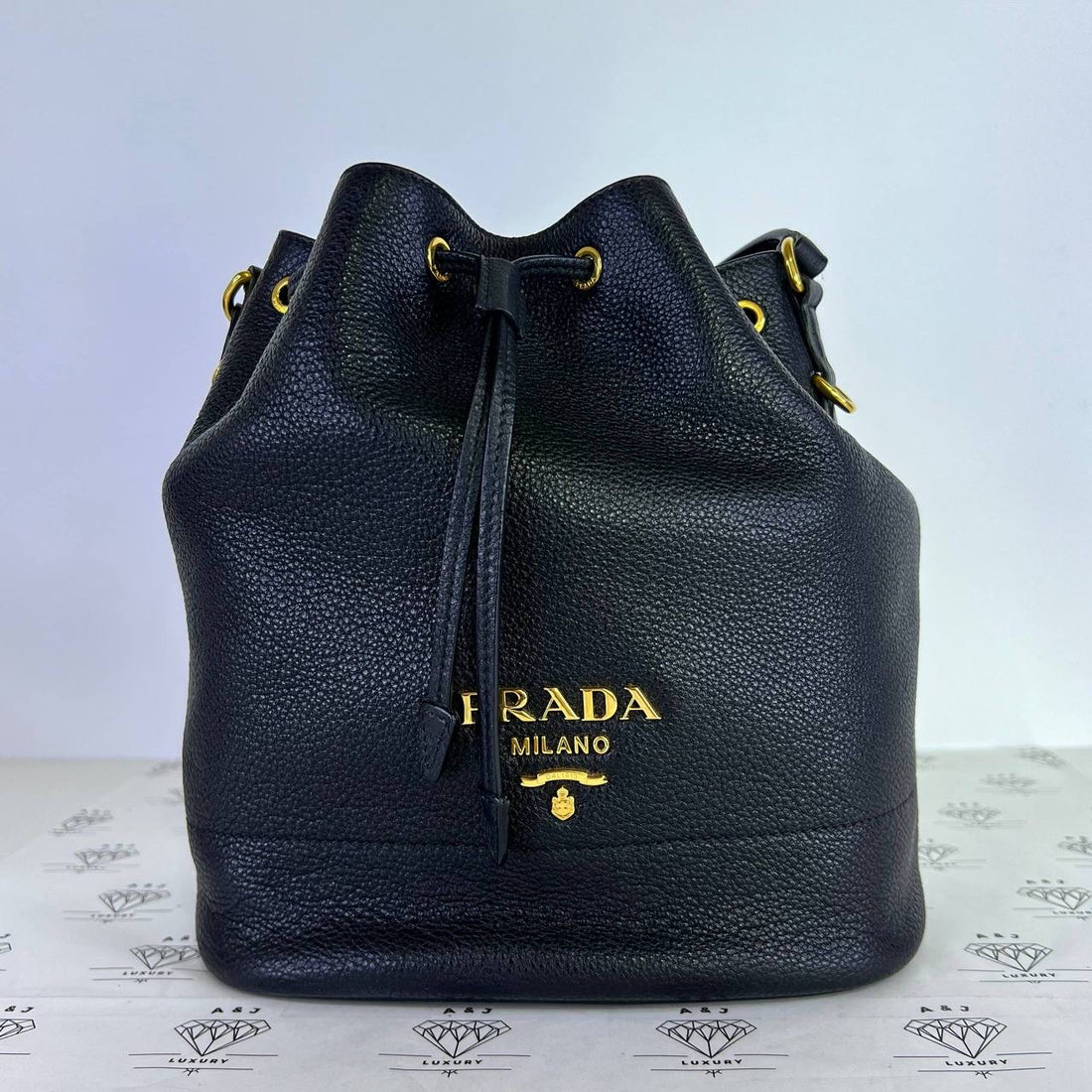 [PRE LOVED] Prada 1BE018 Bucket Bag in Black Vitello Daino Leather GHW