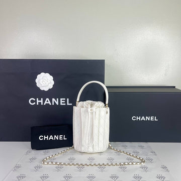 [BRAND NEW] Chanel Mini Bucket Bag in White Lambskin Leather GHW (microchipped)