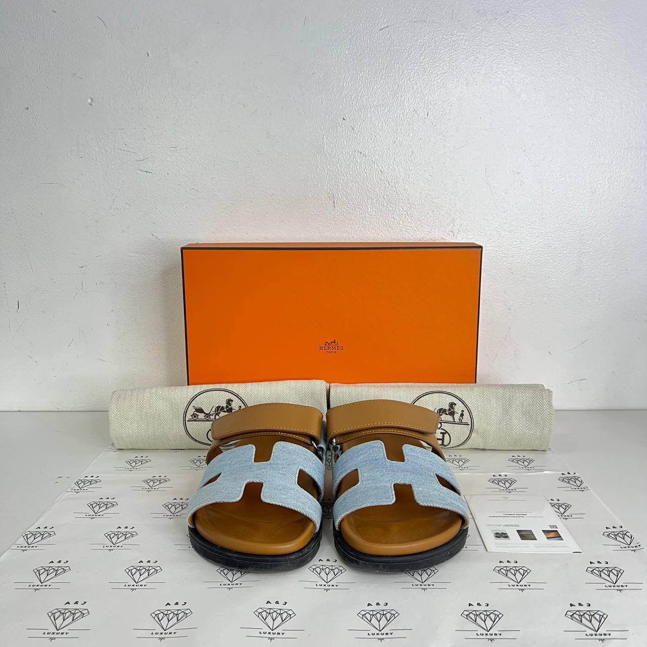 [PRE LOVED] Hermes Chypre Sandals in Gold and Denim Size 35.5EU