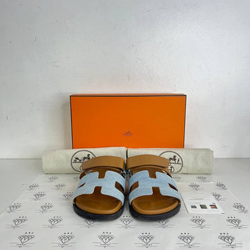 [PRE LOVED] Hermes Chypre Sandals in Gold and Denim Size 35.5EU