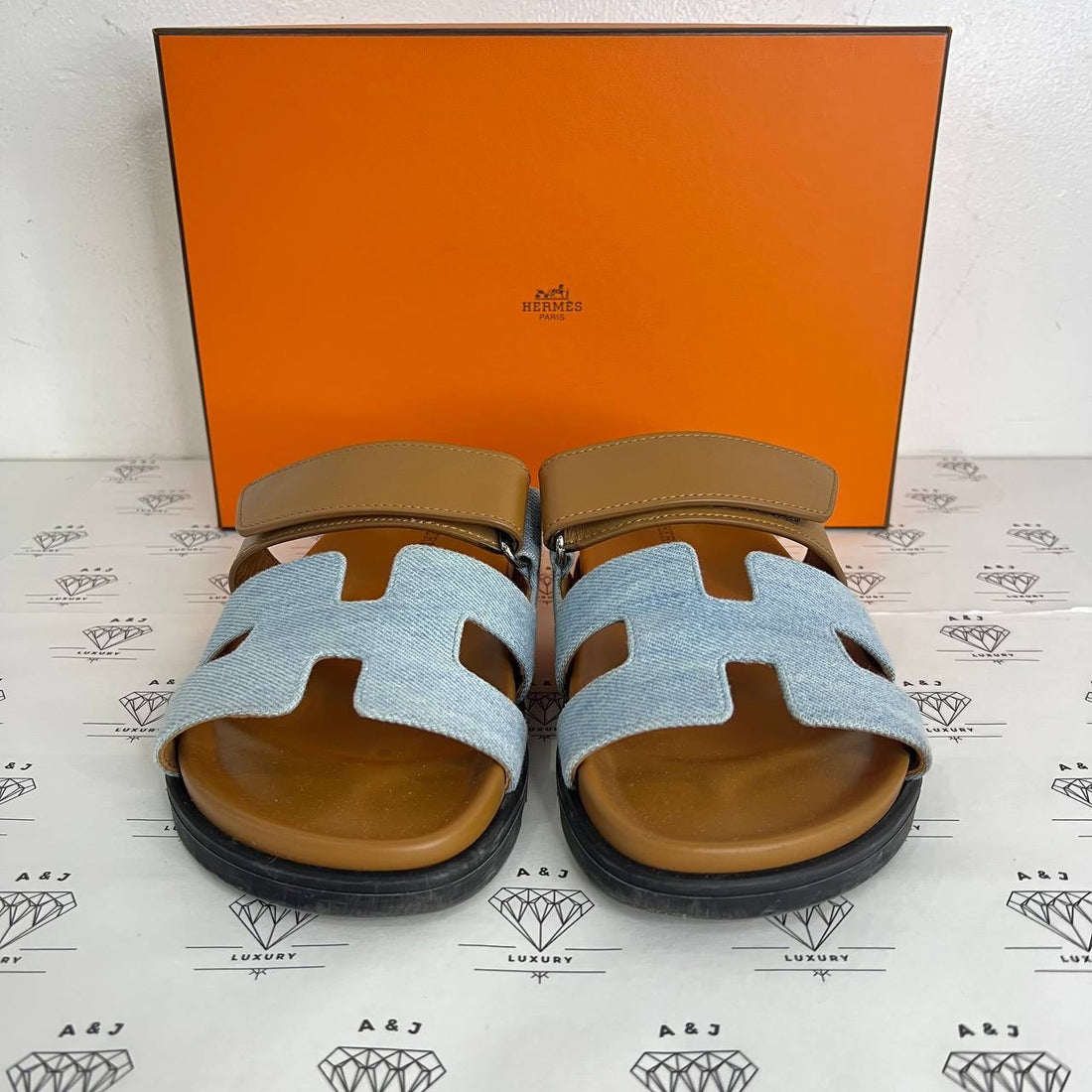 [PRE LOVED] Hermes Chypre Sandals in Gold and Denim Size 35.5EU