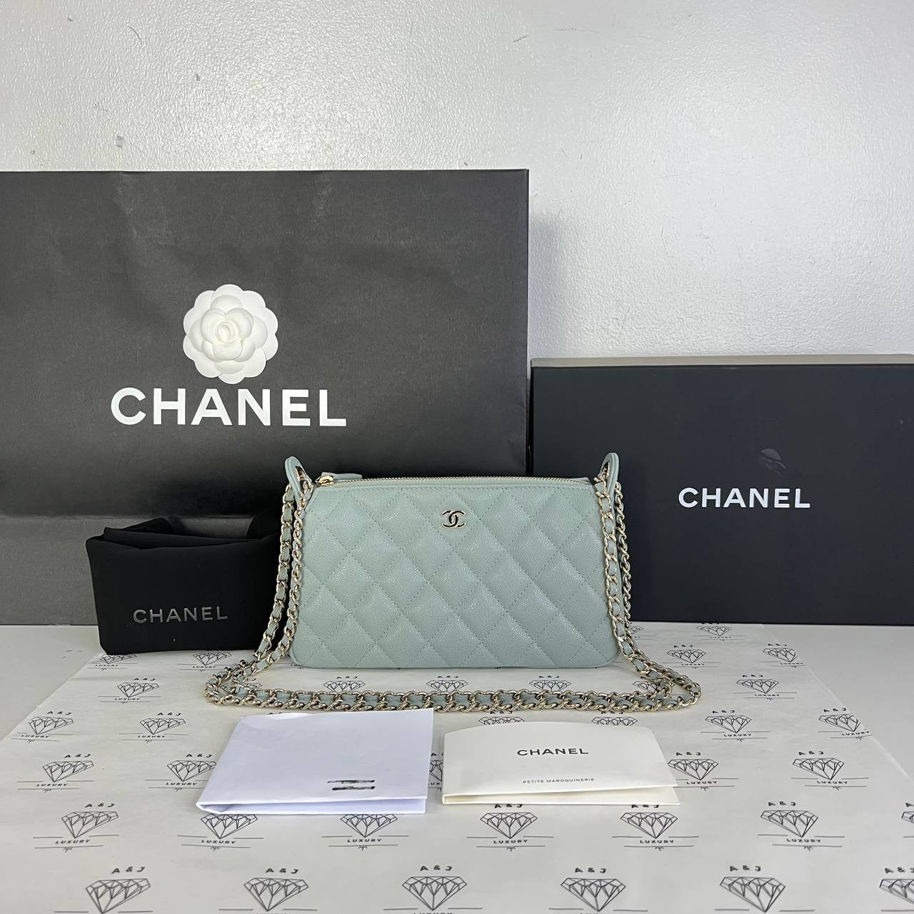 [BRAND NEW] Chanel 25B Collection Pouch with Sling in Blue Caviar Light Gold HW (microchipped)