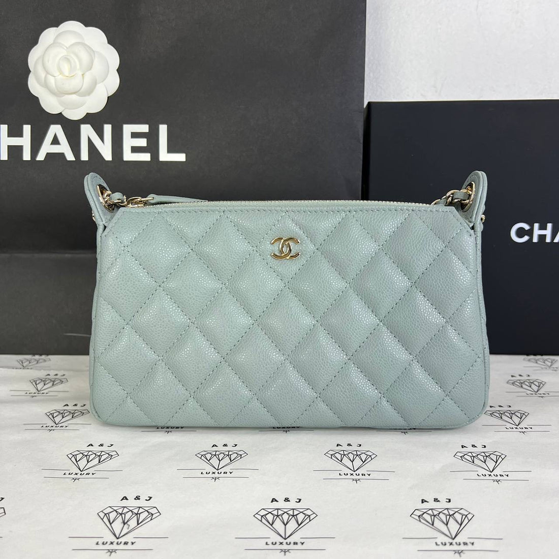 [BRAND NEW] Chanel 25B Collection Pouch with Sling in Blue Caviar Light Gold HW (microchipped)
