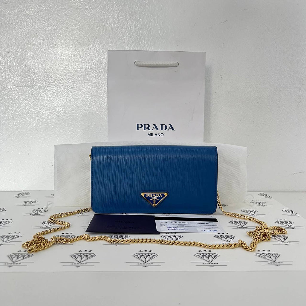 [PRE LOVED] Prada 1BP021 Wallet on Chain in Cobalto Vitello Move Leather GHW