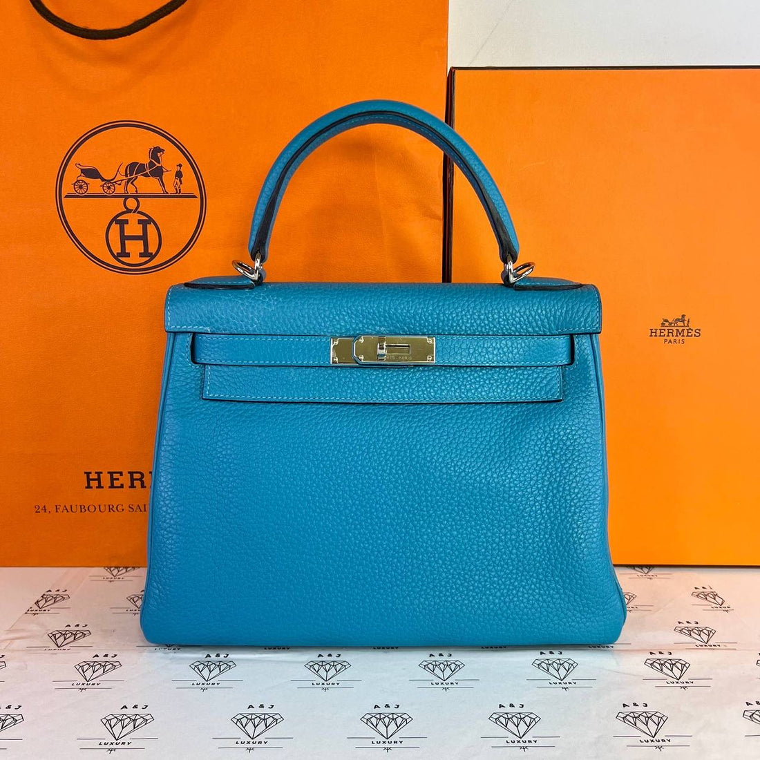 [PRE LOVED] Hermes Kelly 28 Retourne in Blue Clemence Leather PHW (Stamp R Square - 2014)