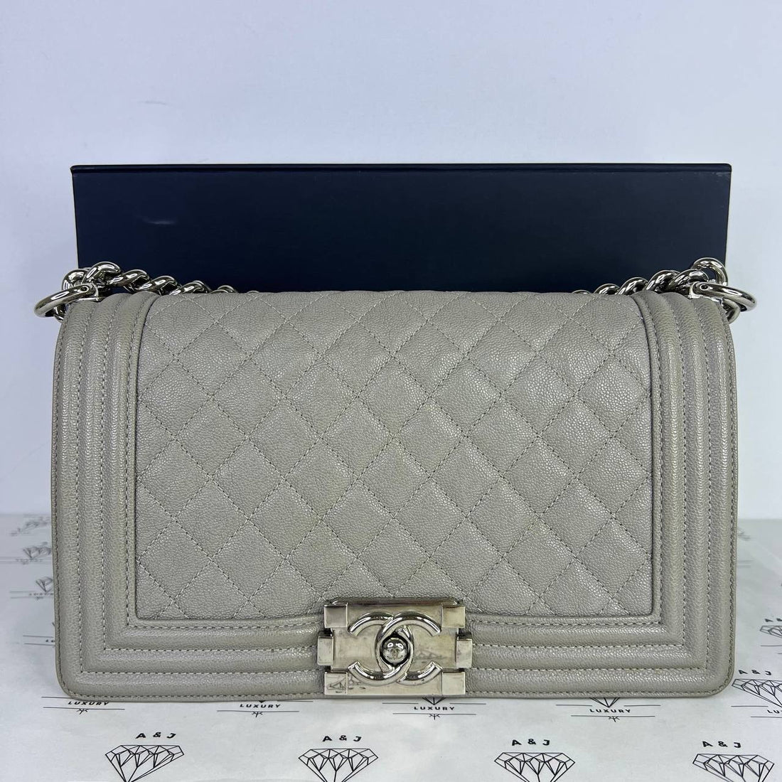 [PRE LOVED] Chanel Old Medium Leboy in Light Gray Caviar Leather SHW (Series 28)