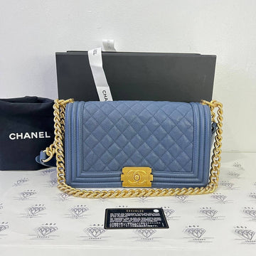 [PRE LOVED] Chanel Old Medium Boy in Blue Caviar Leather Aged Gold HW (Series 23)