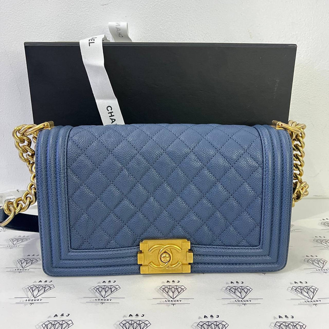 [PRE LOVED] Chanel Old Medium Boy in Blue Caviar Leather Aged Gold HW (Series 23)