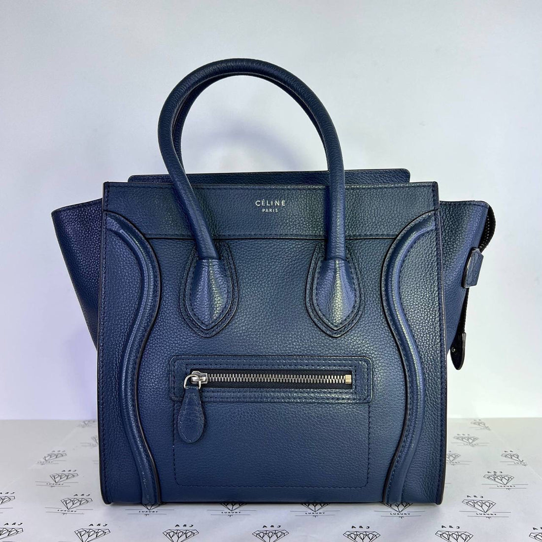 [PRE LOVED] Celine Micro Luggage Tote in Dark Blue Drummed Leather SHW