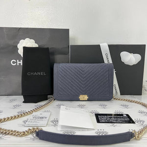 [PRE LOVED] Chanel 20S Collection Chevron Boy Wallet on Chain in Navy Blue Caviar Leather Light Gold HW (Series 30)