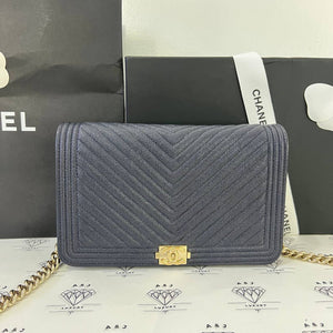 [PRE LOVED] Chanel 20S Collection Chevron Boy Wallet on Chain in Navy Blue Caviar Leather Light Gold HW (Series 30)