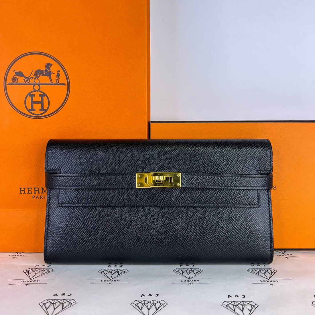 [PRE LOVED] Hermes Kelly Long Wallet in Black Epsom Leather GHW (Stamp D - 2019)