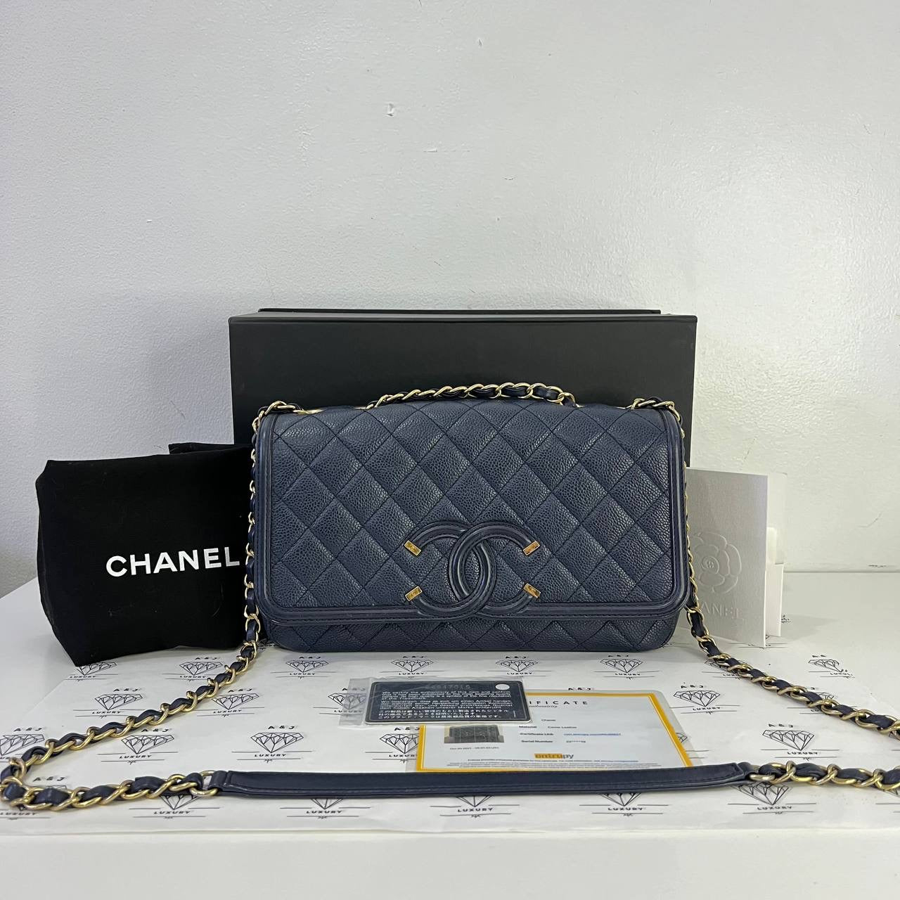 [PRE LOVED] Chanel Filigree Flap in Blue Caviar Leather Aged Gold HW (Series 22)