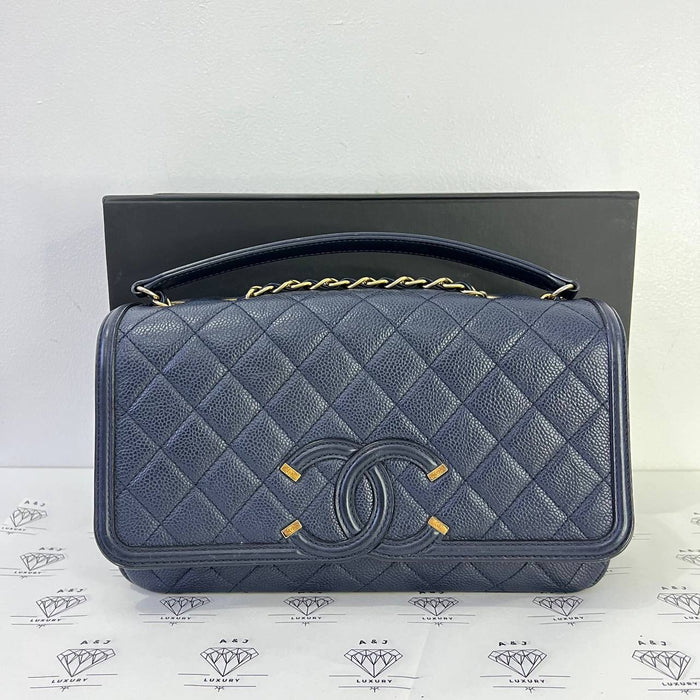 [PRE LOVED] Chanel Filigree Flap in Blue Caviar Leather Aged Gold HW (Series 22)