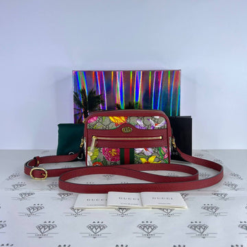 [PRE LOVED] Gucci Ophidia Flora Crossbody Bag in Brown with Red leather trims GHW