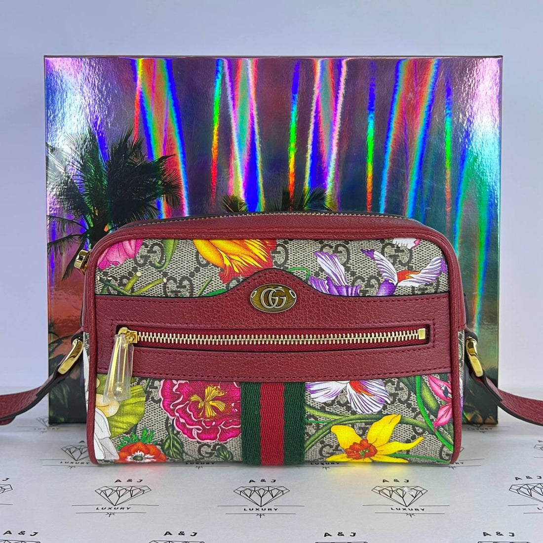 [PRE LOVED] Gucci Ophidia Flora Crossbody Bag in Brown with Red leather trims GHW