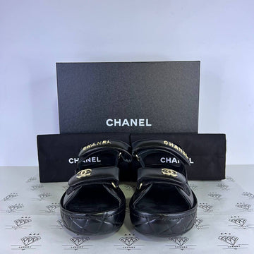 [PRE LOVED] Chanel Shiny Calfskin Logo Platform Sandals in Black Size 39EU