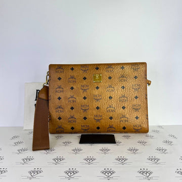 [PRE LOVED] MCM Logo Visetos Wristlet in Cognac GHW