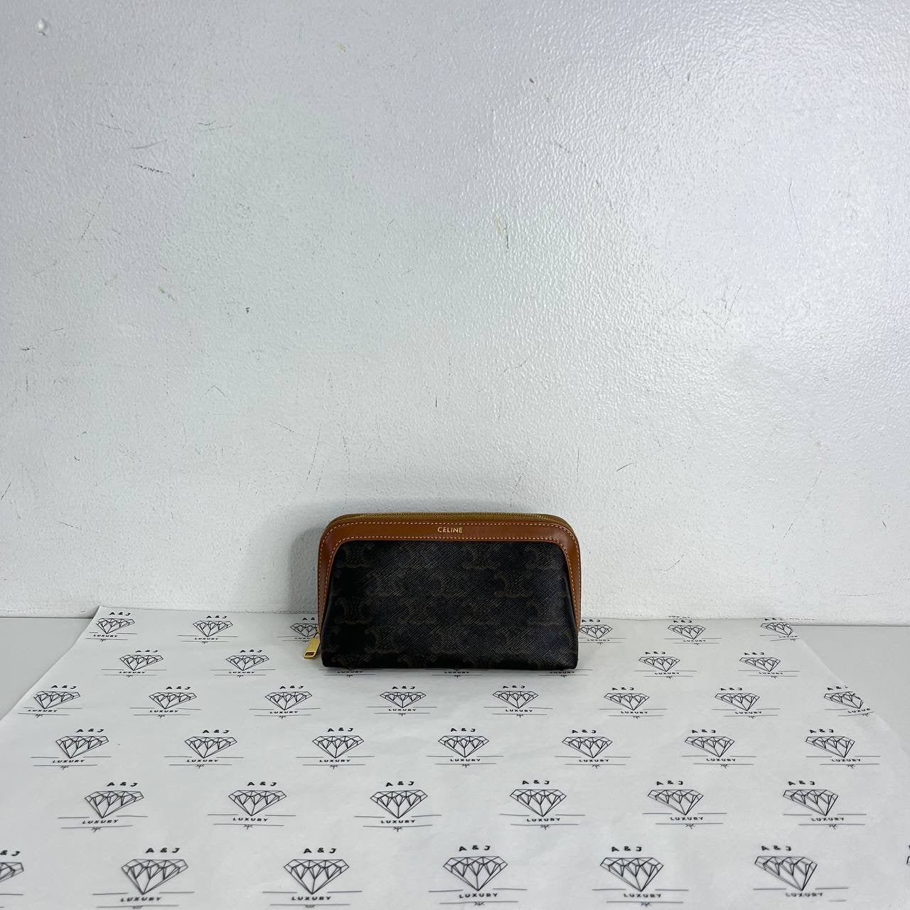[PRE LOVED] Celine Small Triomphe Cosmetic Pouch in Tan Canvass