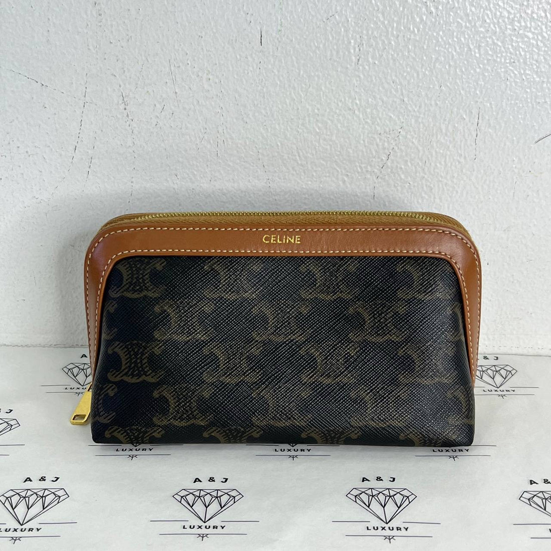 [PRE LOVED] Celine Small Triomphe Cosmetic Pouch in Tan Canvass