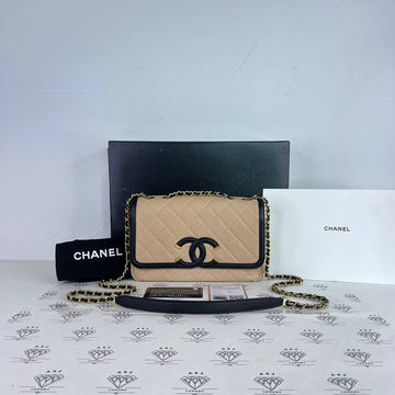 [PRE LOVED] Chanel Small Filigree Flap in Beige/Black Caviar Leather GHW (Series 23)