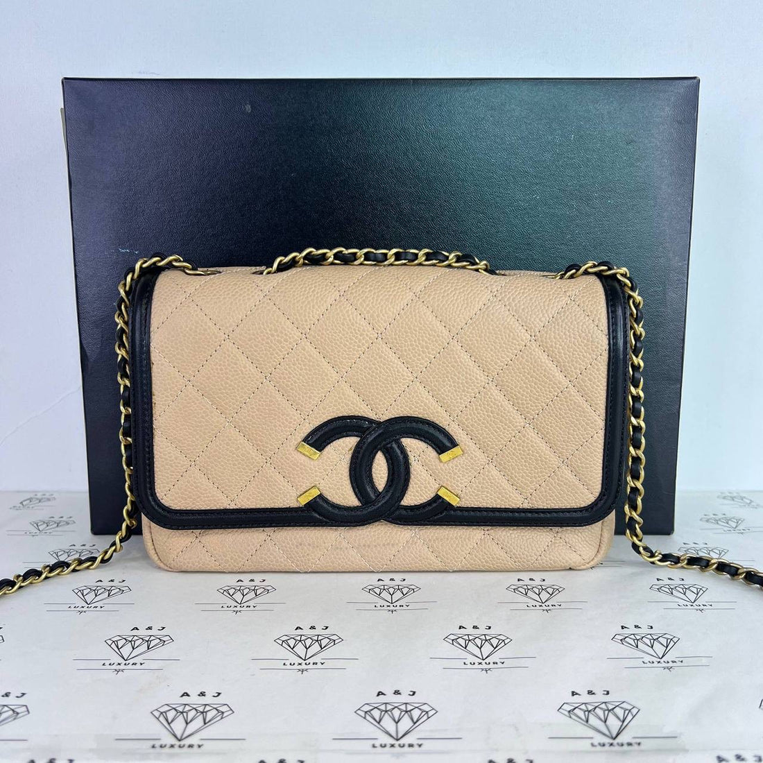 [PRE LOVED] Chanel Small Filigree Flap in Beige/Black Caviar Leather GHW (Series 23)