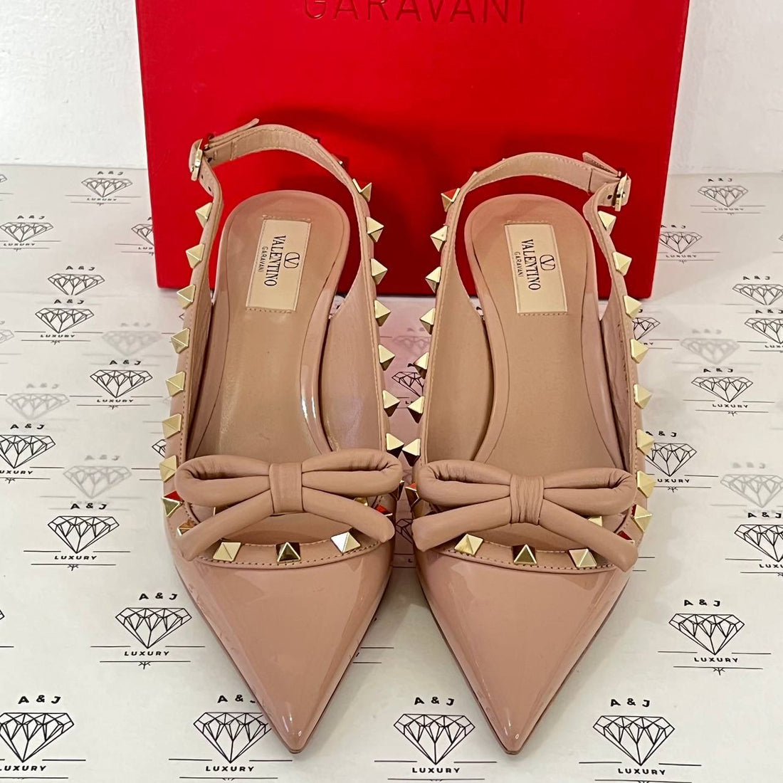 [PRE LOVED] Valentino Rockstud Bow Kitten Heels in Poudre Size 37EU